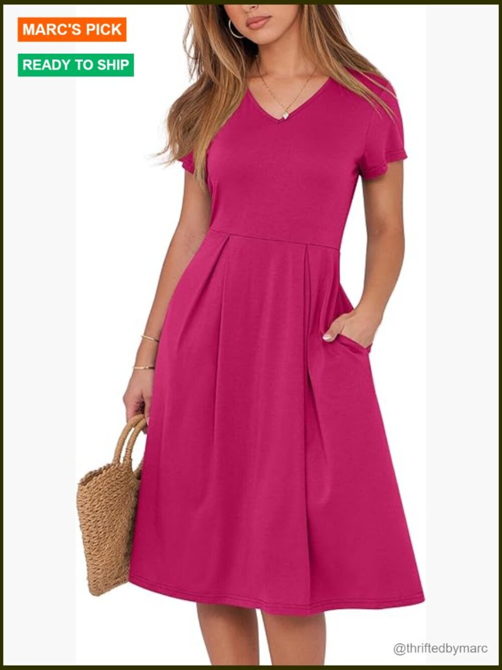 Women's A-Line Midi Dress with Pockets, V-Neck Short Sleeve Casual Summer Dress - Picture 1 of 7
